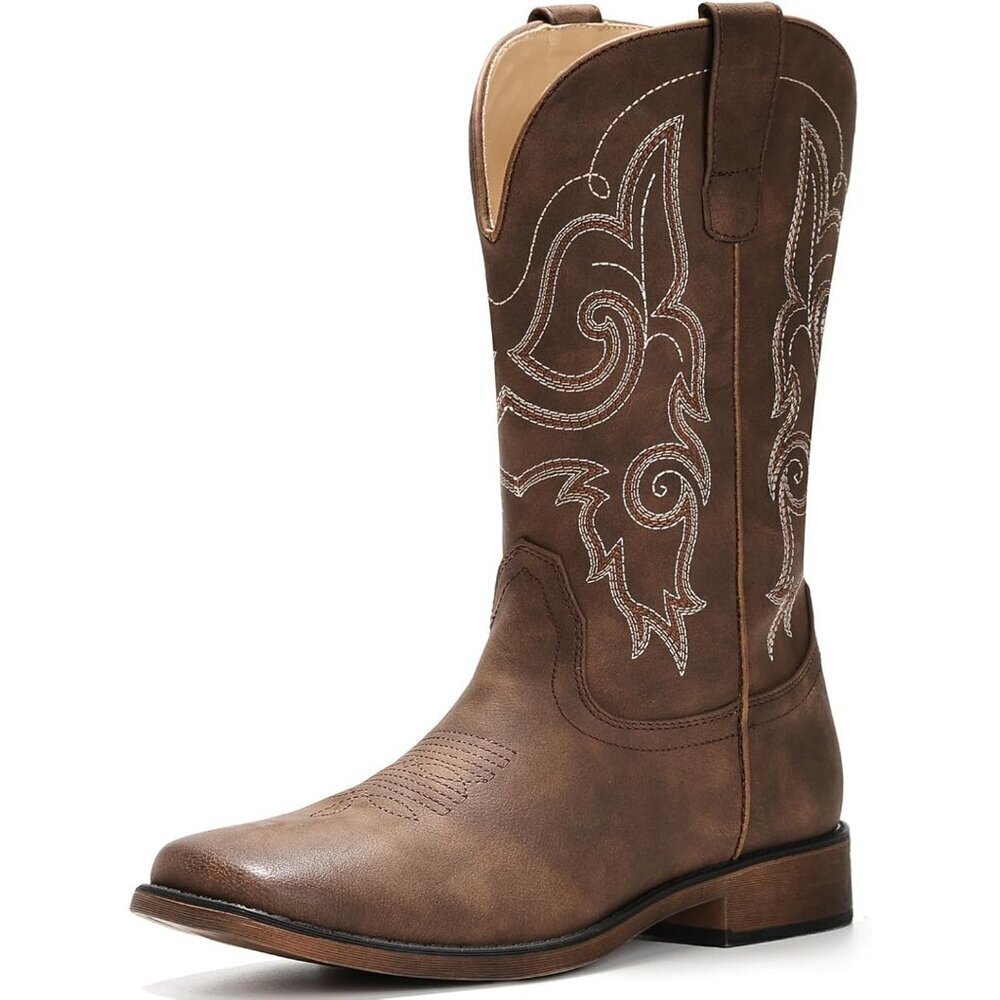 Women's Embroidered Square Wide Western Mid Calf Pull On Fashion Brown Boots
